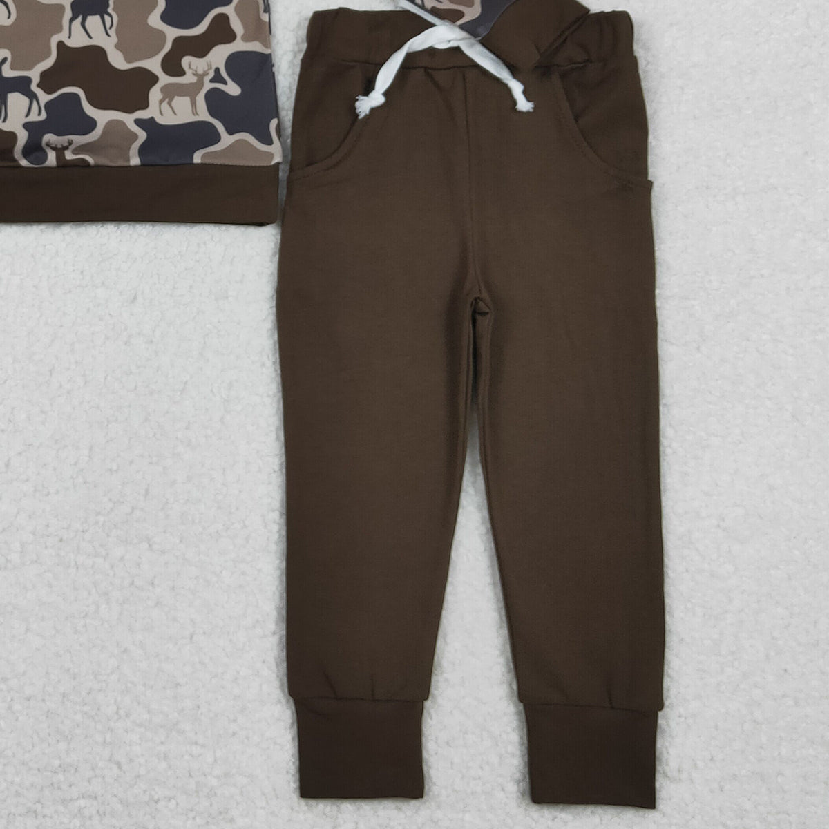 10.23 RTS NO MOQ （In stock）BLP1270 Baby Boys Winter Outfits Baby Boys Deer Camo Zipper Pullovers Pockets Jogger Hunting Clothes Sets