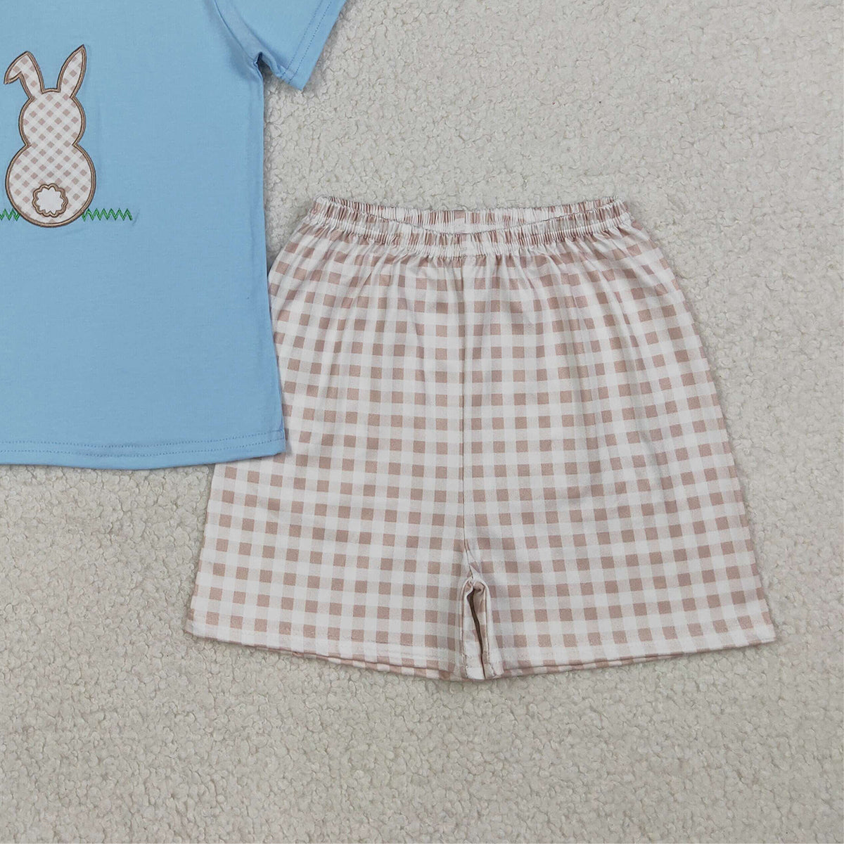 3.19 RTS NO MOQ （In stock）BSSO0305 Fashion Clothing For Baby Boys Embroidery Rabbit Shirt Checked Shorts Easter Clothes Sets