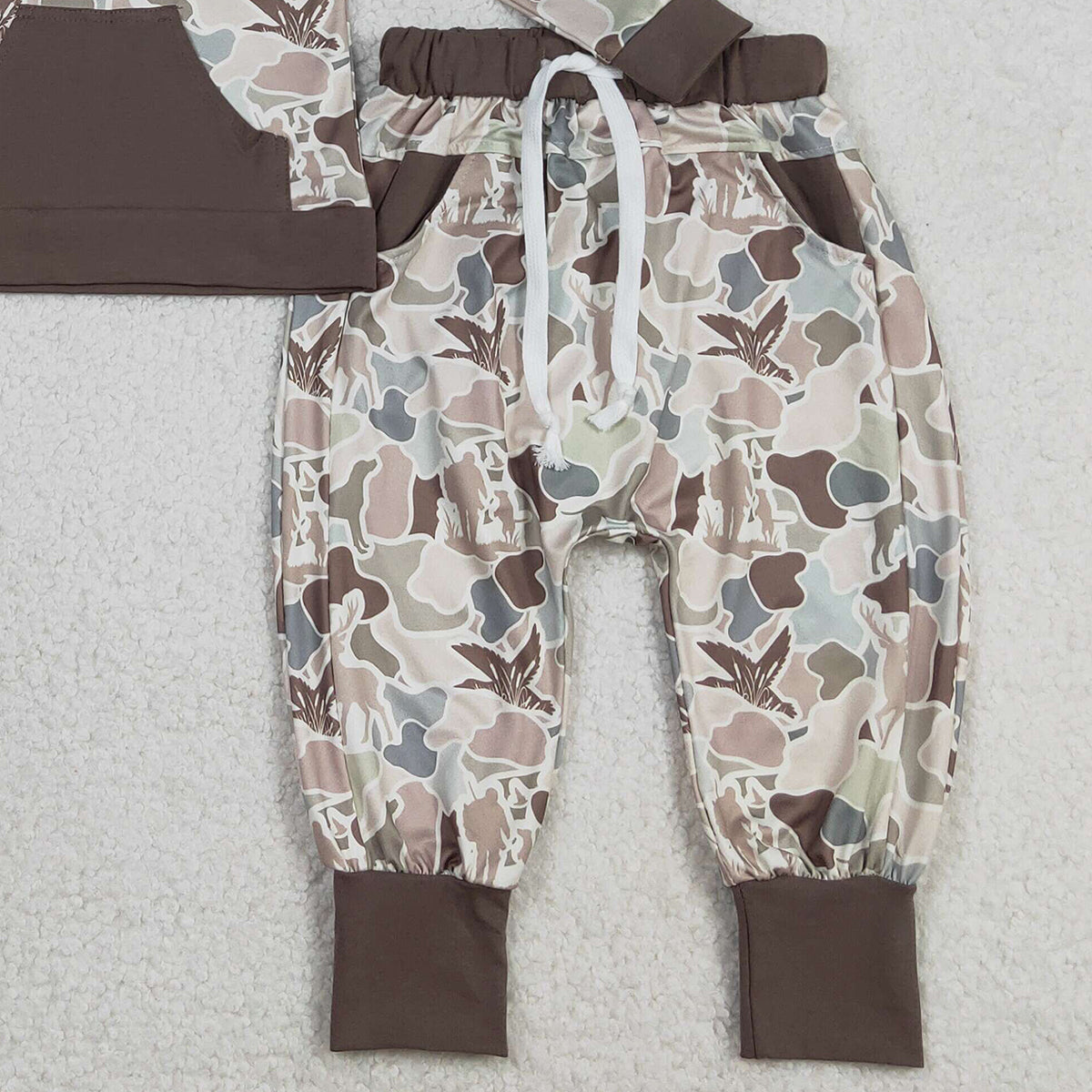 12.27 RTS NO MOQ （In stock）BLP1403 Baby Boys Deer Ducks Camo Pocket Hoodie Top Jogger Pants Hunting Clothes Sets