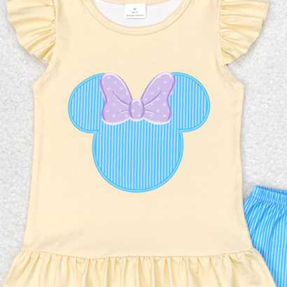 4.25 GSSO1159  RTS NO MOQ Yellow flutter sleeves mouse top shorts girls clothes