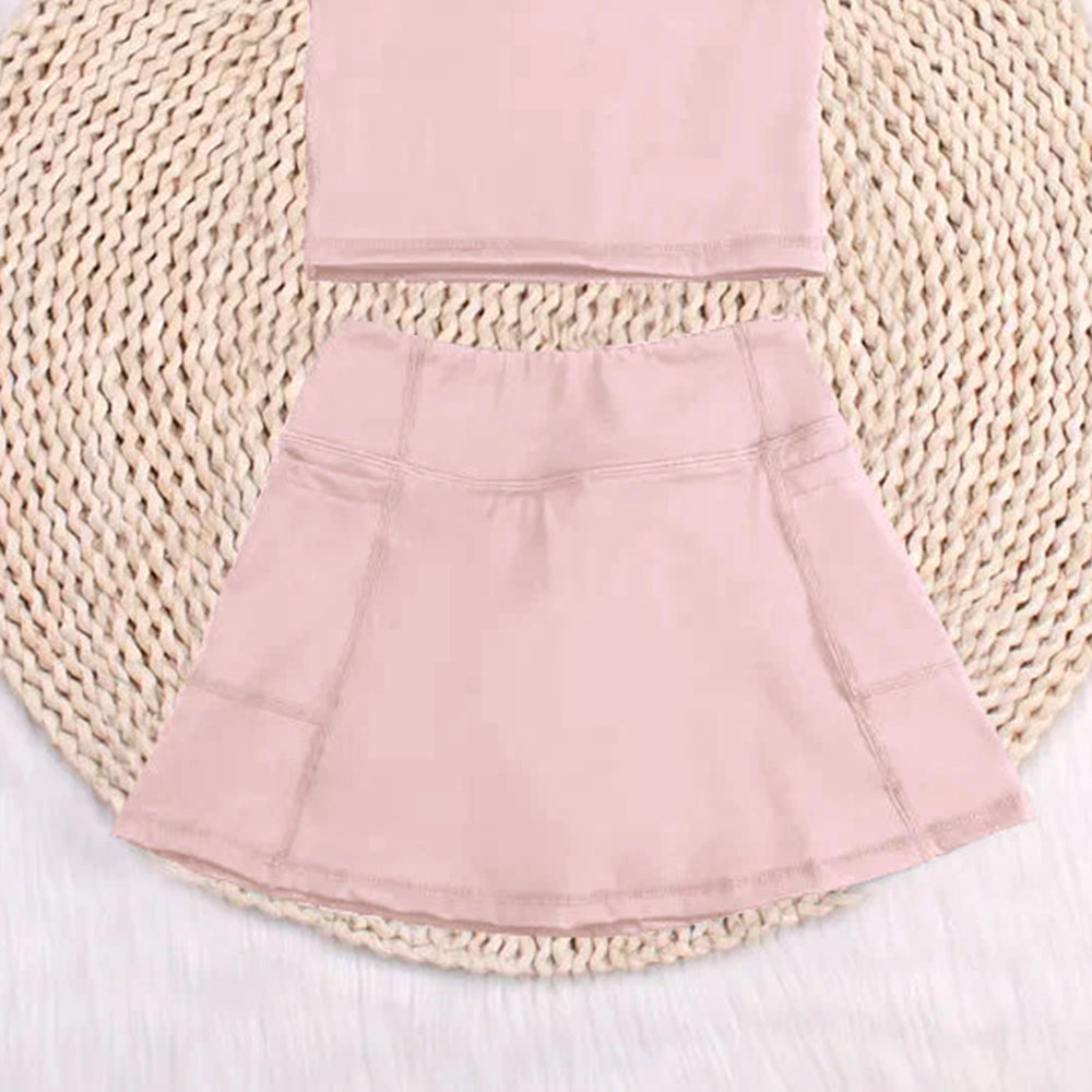 7.14 GSD1977 RTS NO MOQ Baby Girls Yoga Outfits Baby Girls Peach Sleeveless Top Pockets Skirt Yoga Set