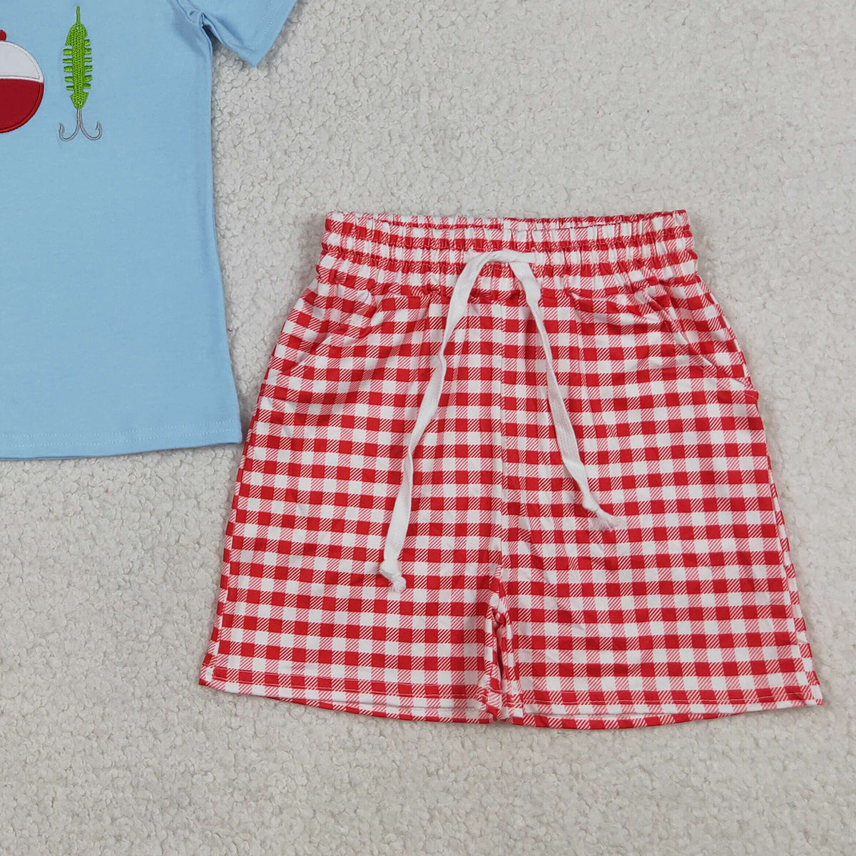 4.8 BSSO1699 RTS NO MOQ （In stock ）Short sleeves fishing lure embroidery kids boys outfits