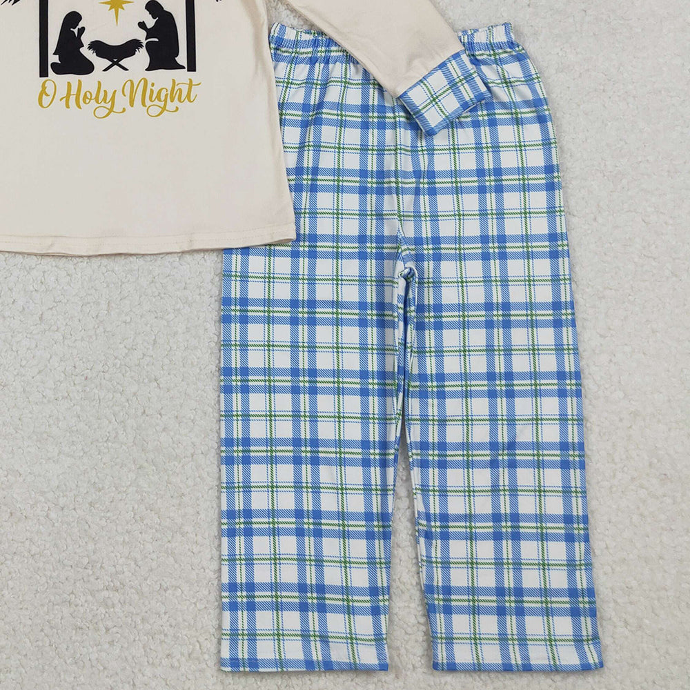10.10 RTS NO MOQ （In stock）BLP1100 Baby Boys Winter Outfits Baby Boys Jesus Nativity Top Checked Pants Christmas Clothes Sets