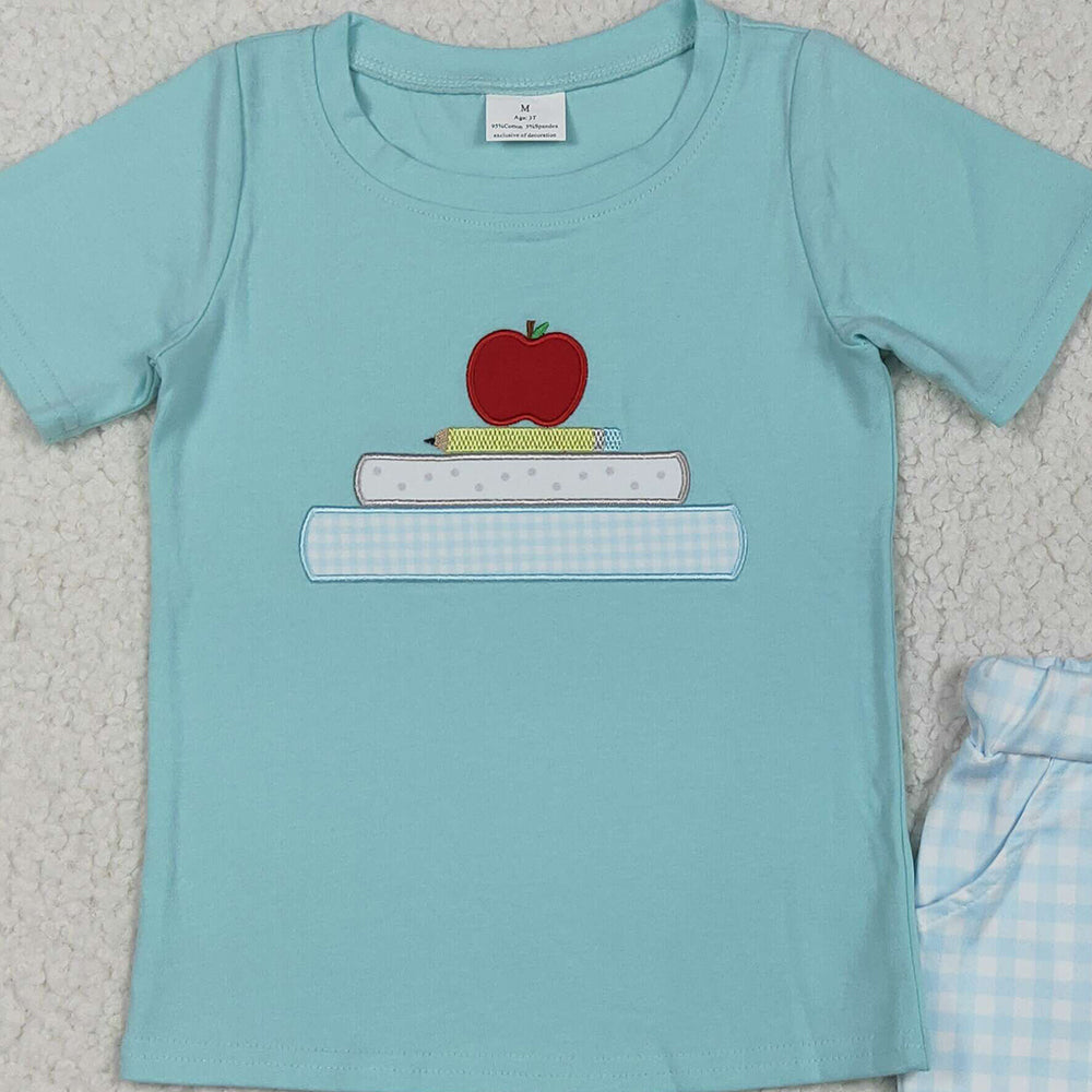 7.01 BSSO1329 RTS NO MOQ Baby Boys Summer Boys Outfits Baby Boys Embroidery Apple Pencil Top Pockets Shorts Back To School Clothes Sets