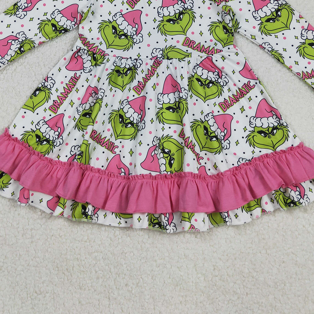 RTS NO MOQ （In stock）GLD1234 Baby Girls Winter Dress Girls Green-faced Long-Sleeve Dress with Pink Ruffle Christmas Hat Cute Children's Outfit