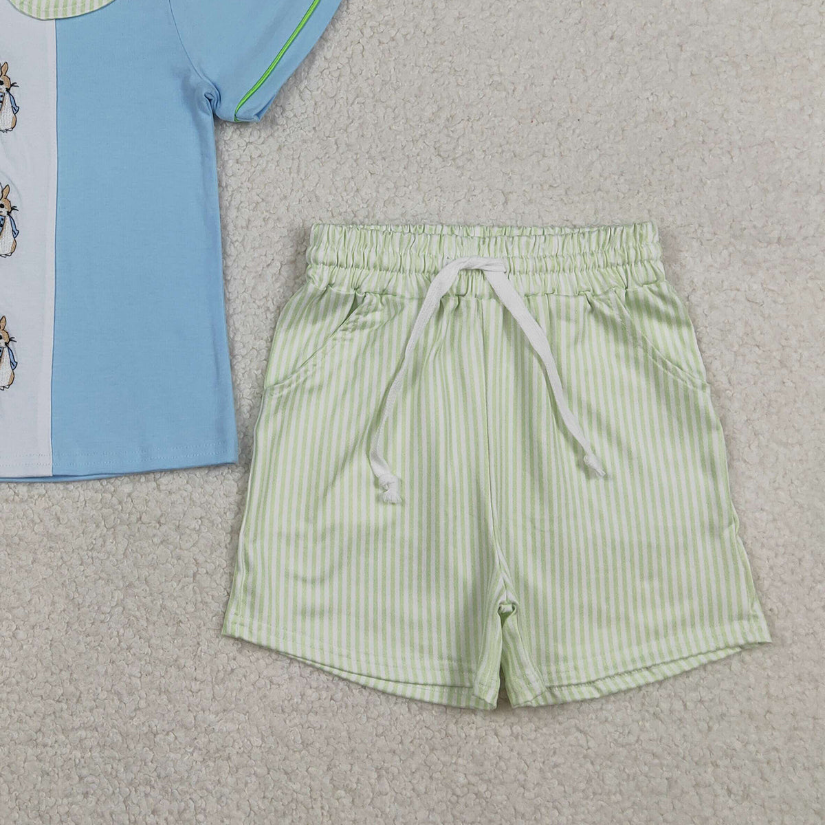 3.27 BSSO1564 RTS NO MOQ （In stock ）sky blue rabbit kids boys short sleeve Easter set