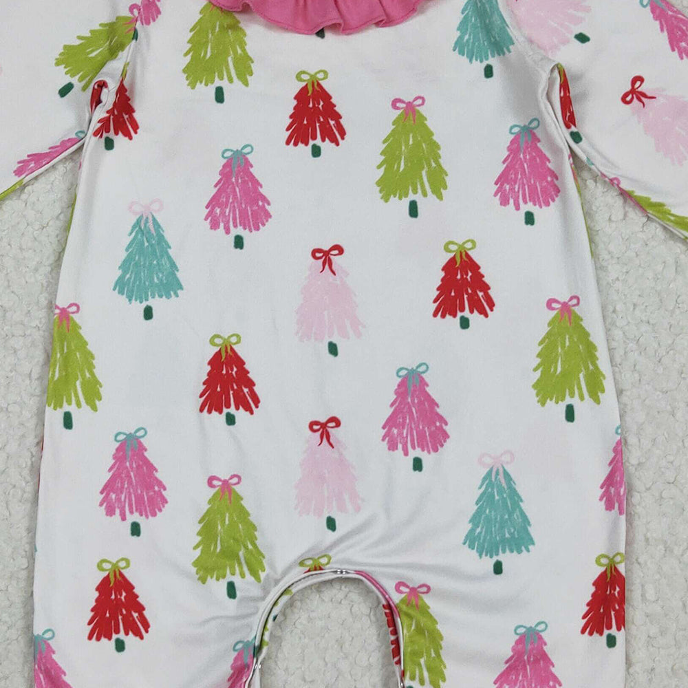 LR2280 RTS NO MOQ Baby Girls Winter Rompers Baby Girls Long Sleeves Colorful Bows Trees Ruffle Pant Rompers