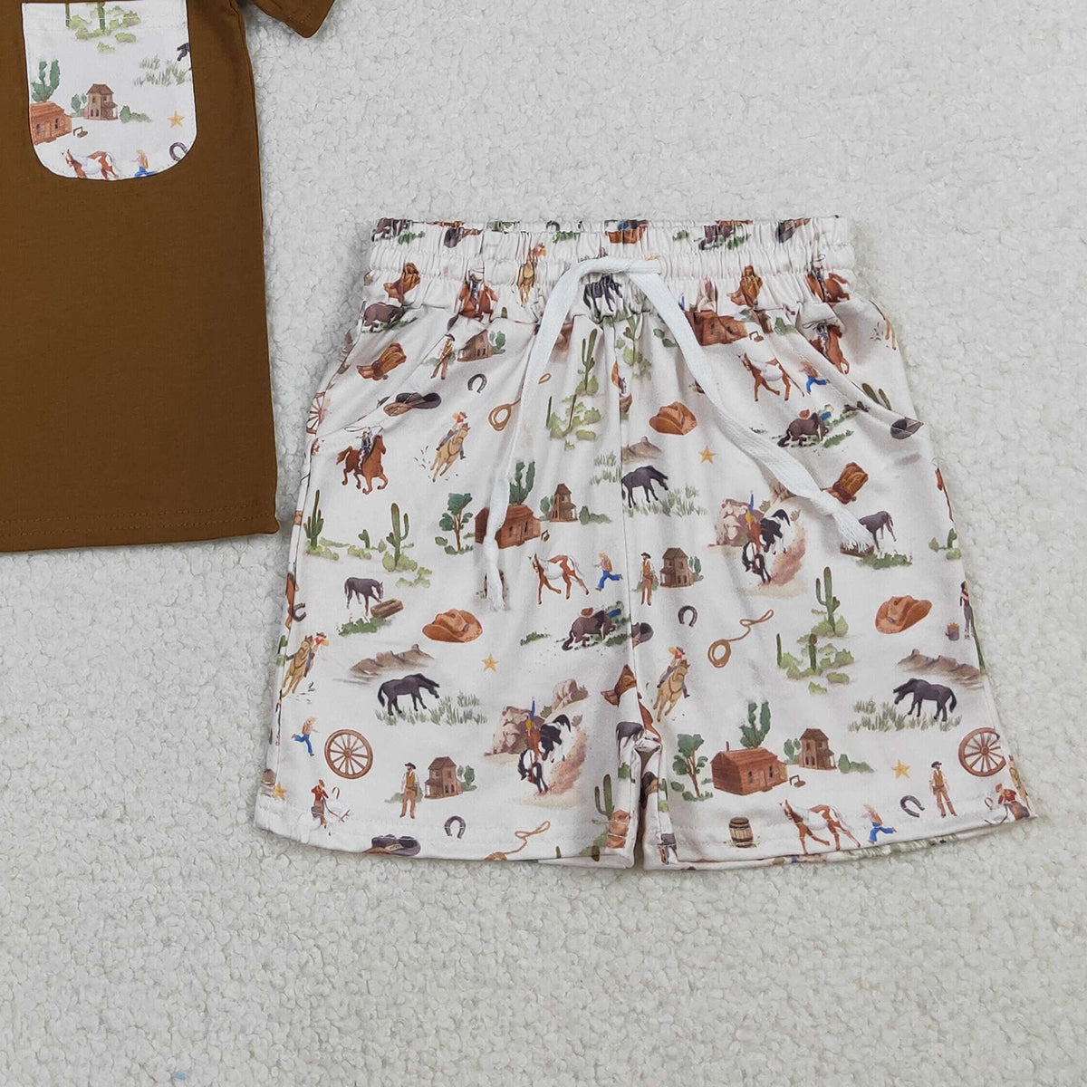 3.23 RTS NO MOQ （In stock）BSSO1825 Fashion Clothing For Baby Boys Short Sleeve Brown Shirt Top Horse Rodeos Cactus Pockets Short Clothes Sets