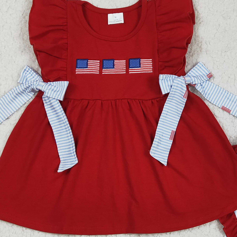 GSSO2375 RTS NO MOQ Baby Girls Summer Outfits  Red flutter sleeves flag tunic shorts girls 4th of july outfits