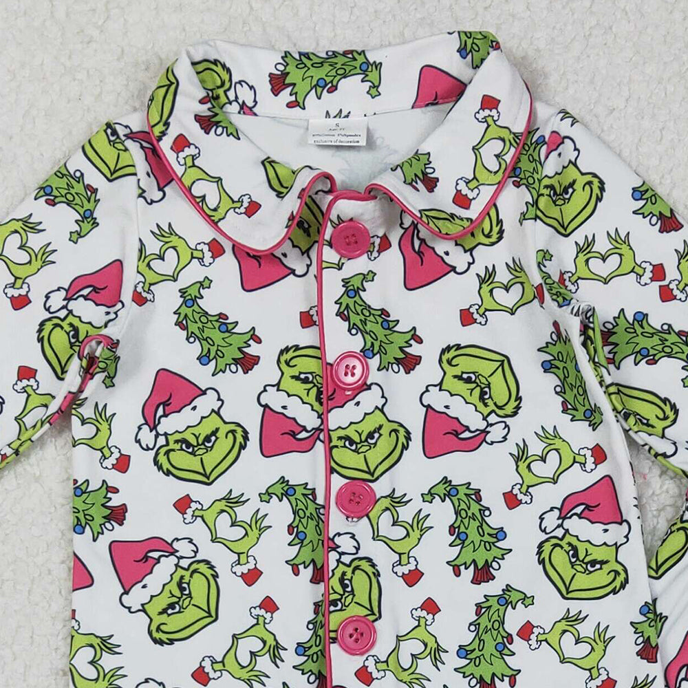 RTS NO MOQ （In stock）GLP2647 Baby Girls Winter Outfits Christmas Green Fur Pajamas Set with Face Buttons Long Sleeve Top And Pants