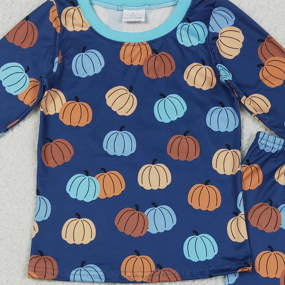 RTS NO MOQ （In stock）BLP1153 Baby Boys Winter Outfits Baby Boys Long Sleeves Fall Blue Pumpkins Top Pant Pajamas Sets