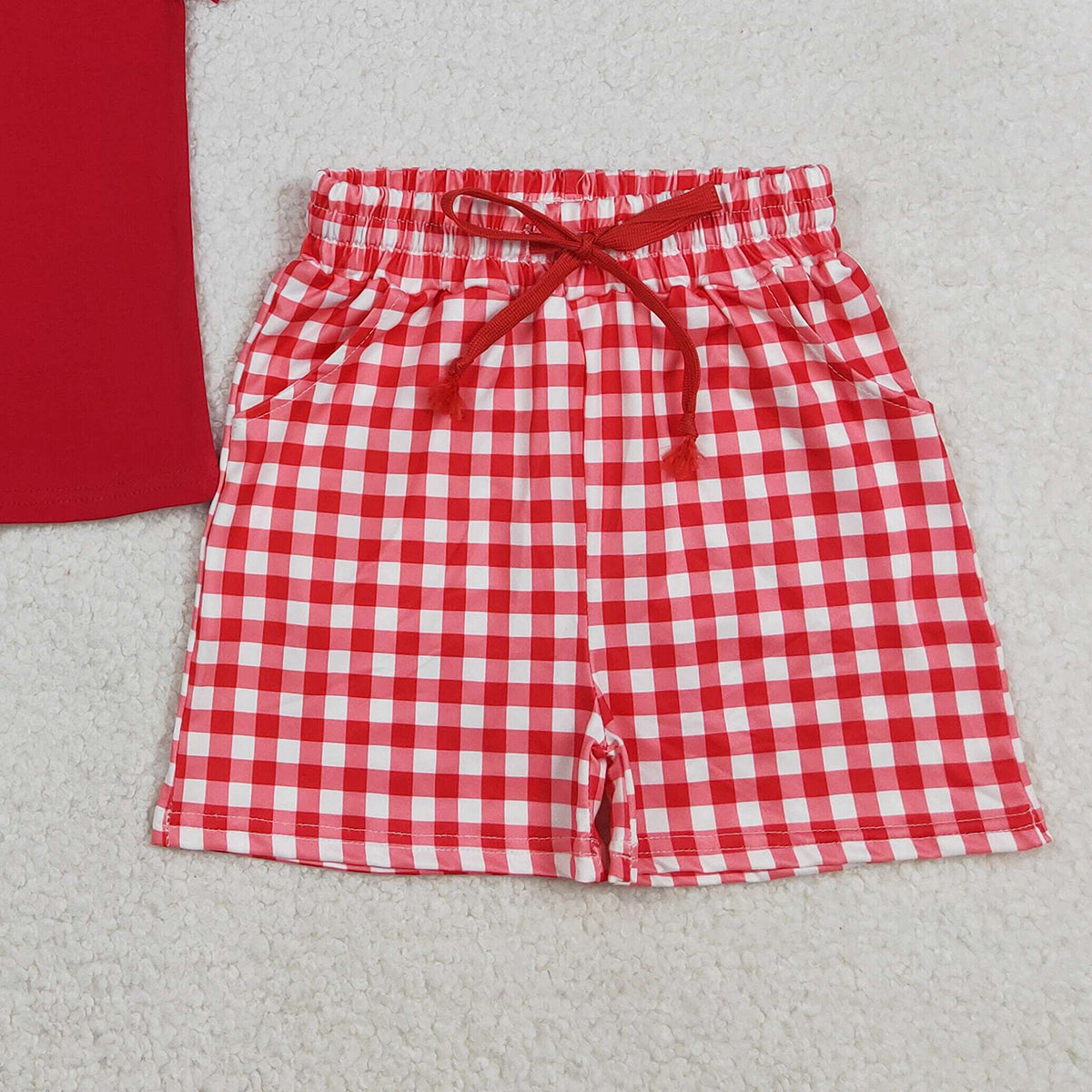 3.7 RTS NO MOQ （In stock）BSSO1884 Children's Fashion Set Baby Boys Red Shirts Top Checked Pockets Shorts Clothes Sets