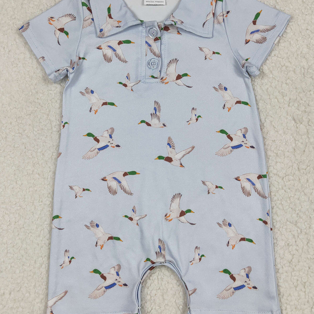 USA Shop (in stock) SR3032 RTS NO MOQ Baby Boys Summer Rompers Baby Boys Mallard Duck In Blue Short Sleeve Romper