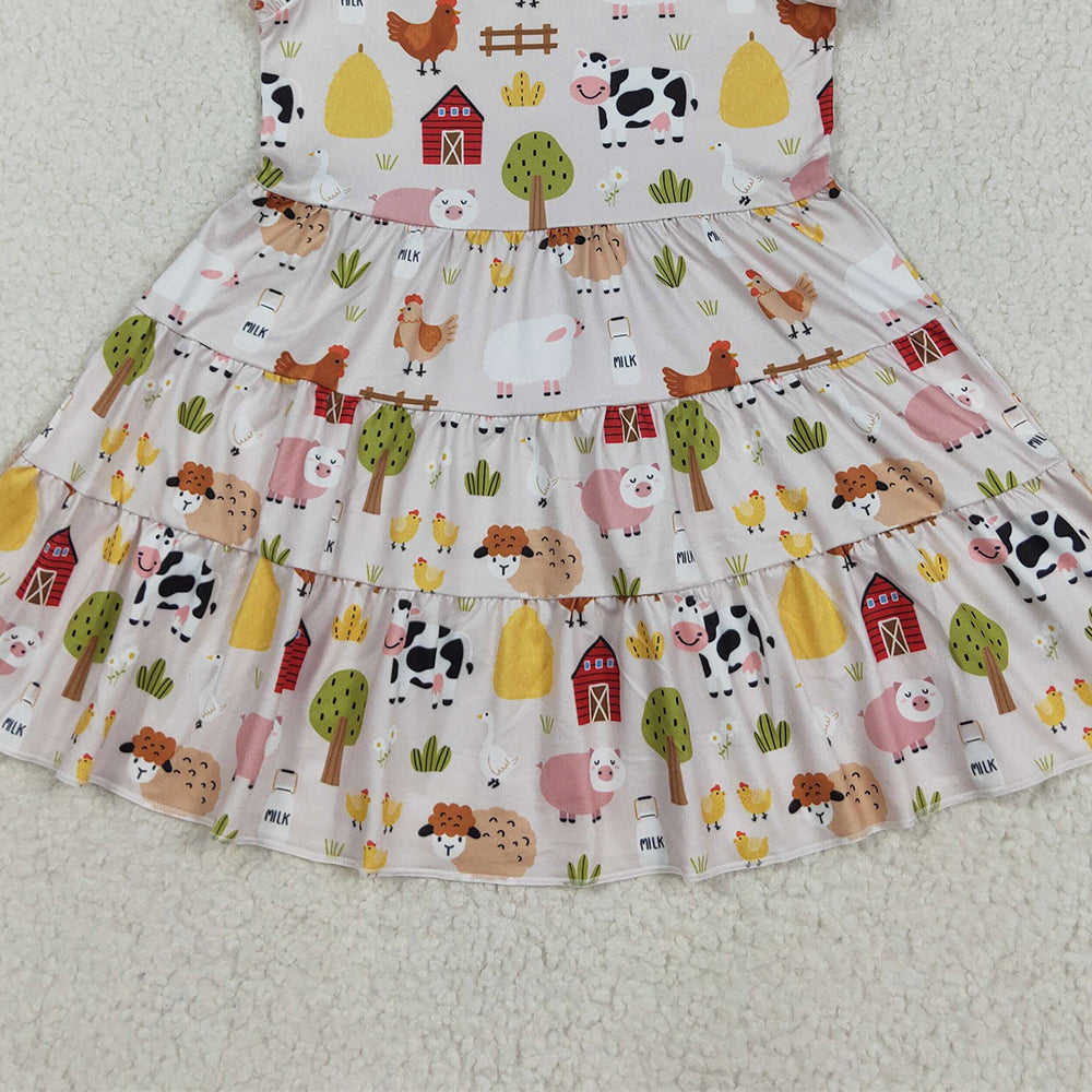 8.20 RTS NO MOQ （In stock）GSD2595 Baby Girls Summer Dress Baby Girls Flutter Sleeves Cows Chicks Farm Knee Length Dresses