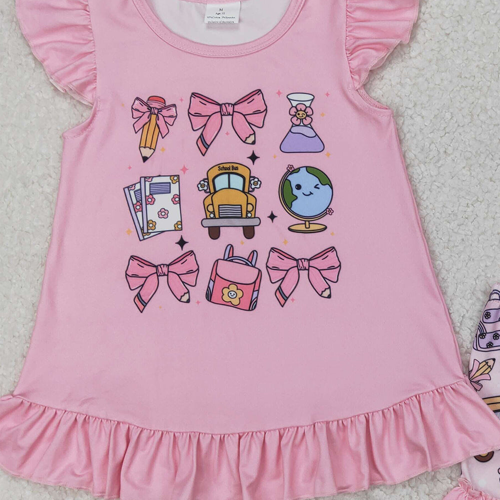 4.12 GSSO1910 RTS NO MOQ Baby Girls Summer Outfits   Flutter sleeves pencil bow kids girls back to school outfits