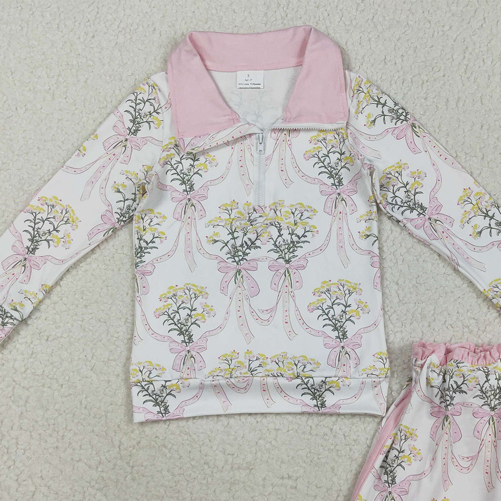 RTS NO MOQ （In stock）GLD1078 Baby Girls Outfits Baby Girls Pink Bows Flowers Plaid Half Zip Pullpvers Skorts Set