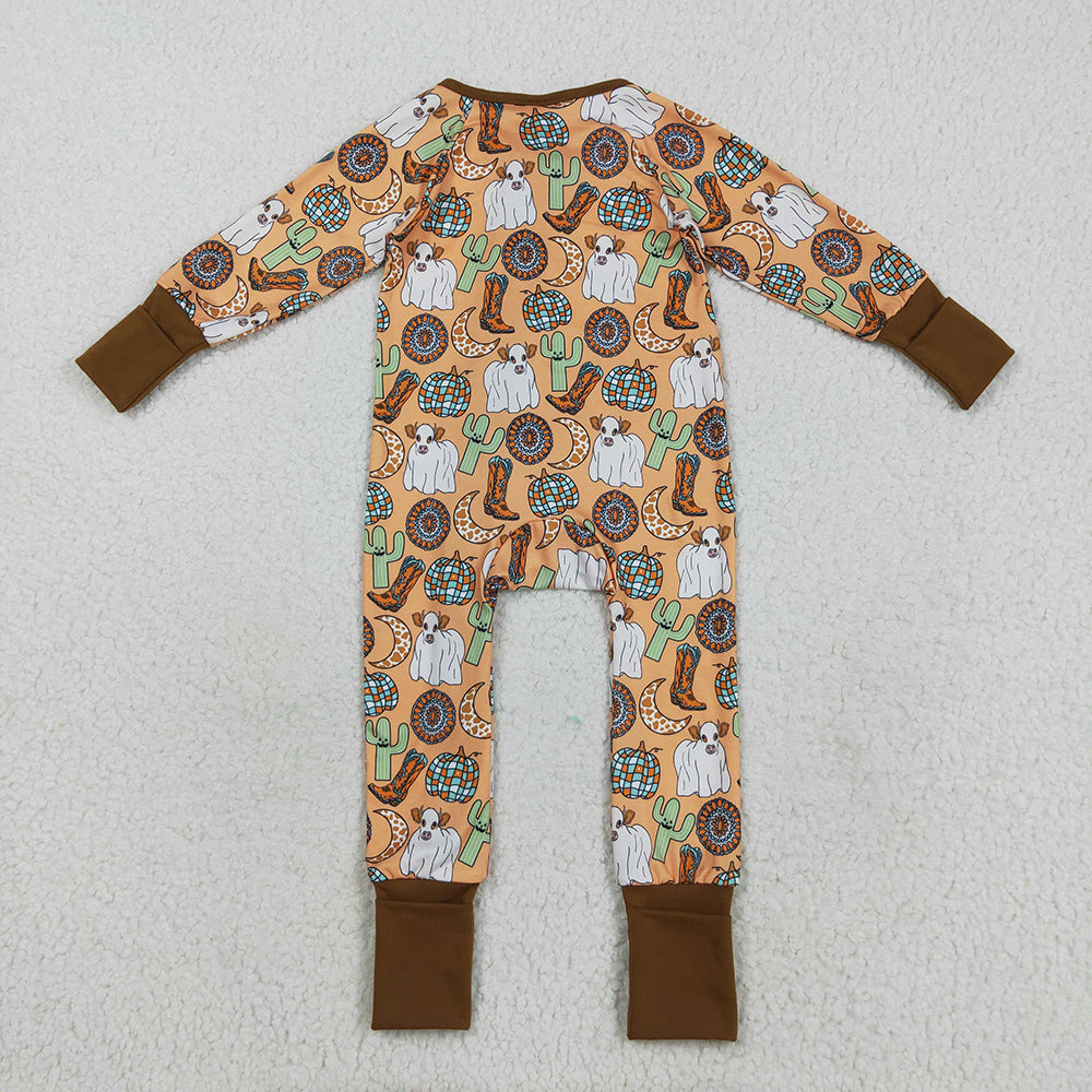 RTS NO MOQ （In stock）LR2463 Baby Boys Winter Rompers Baby Boys Western Cactus Boots Cows Zipper Footie Rompers