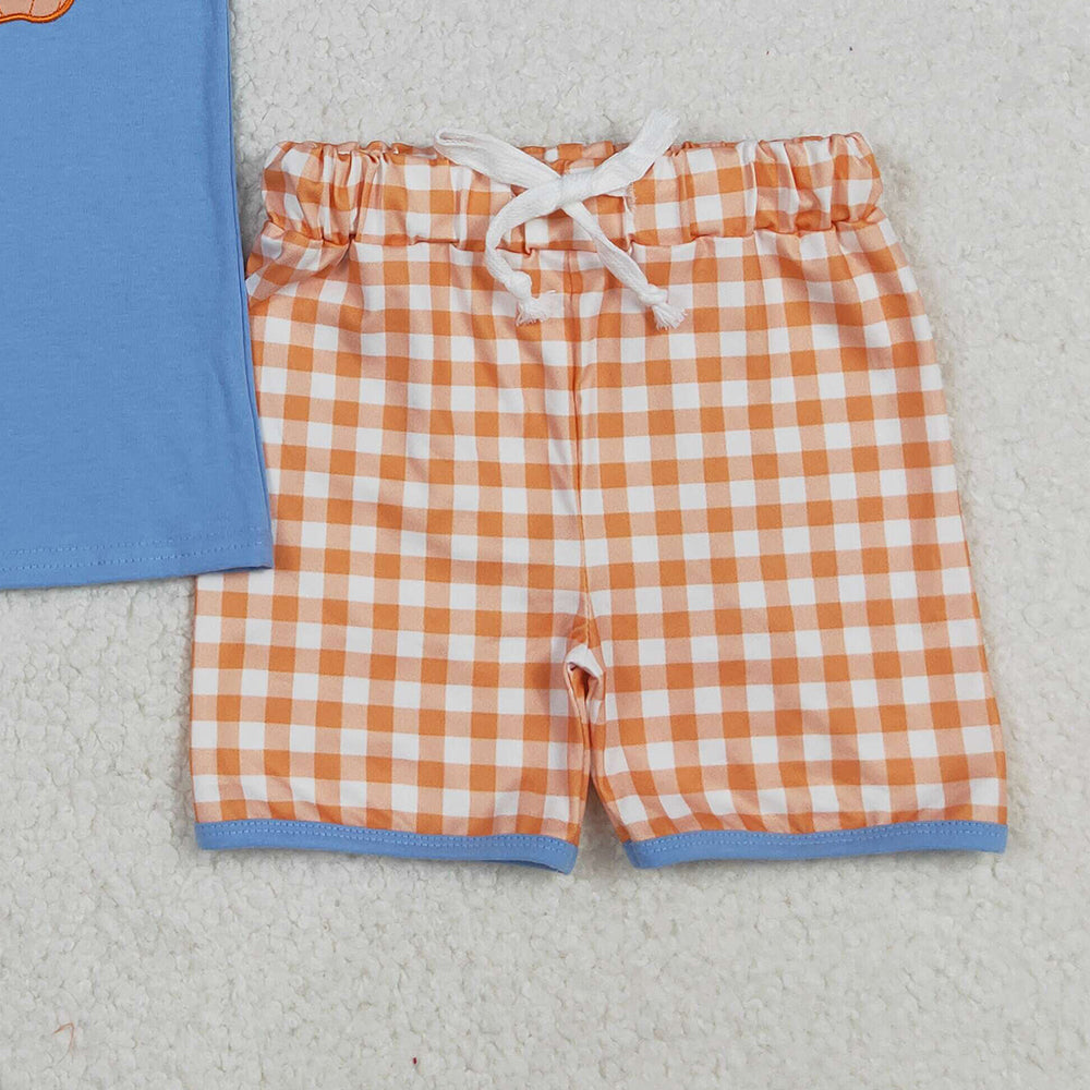 RTS NO MOQ （In stock）BSSO1547  Baby Boys Summer Boys Outfits Embroidery Dogs Pumpkins Top Shorts Fall Clothes Sets