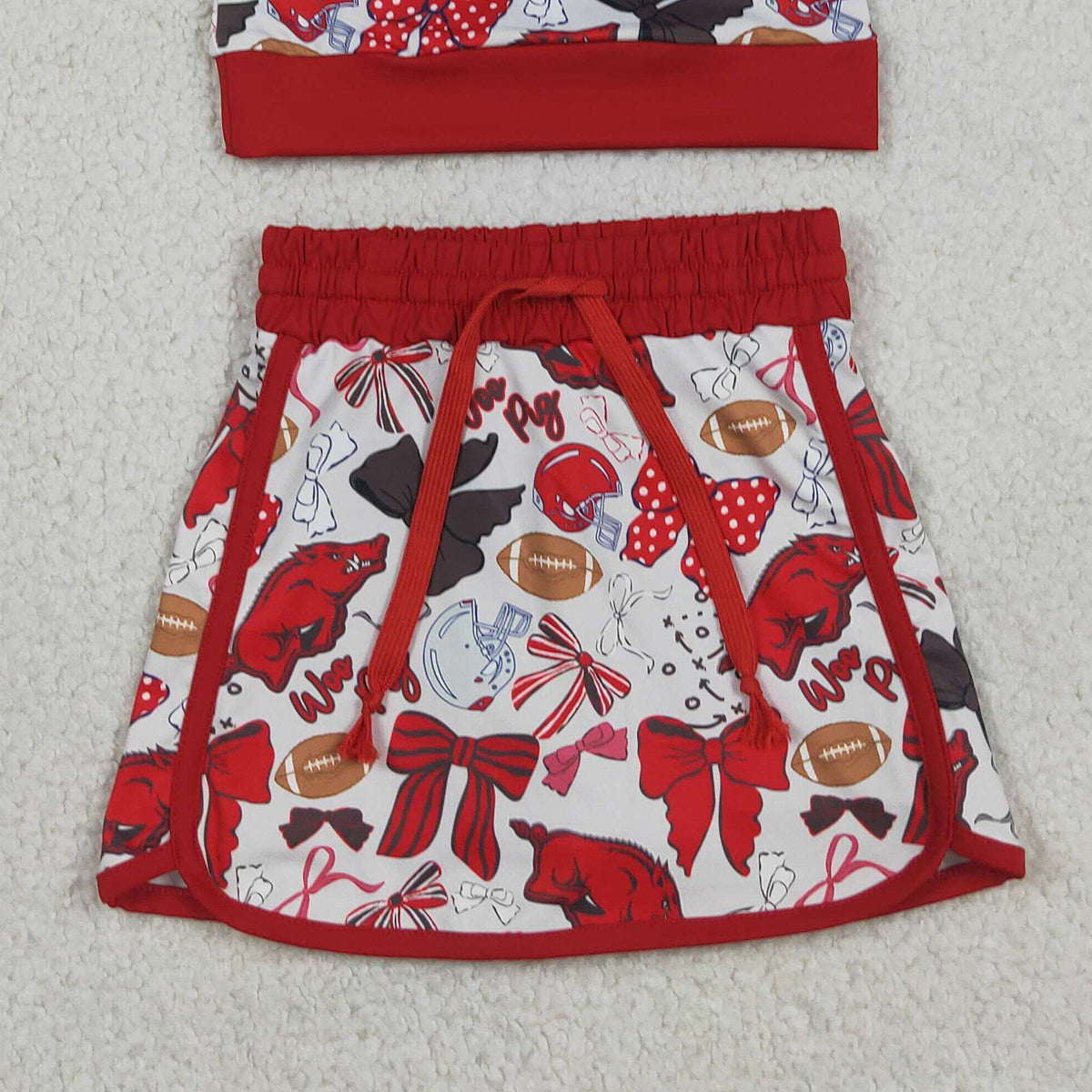 GSD3696 RTS NO MOQ （In stock ）Short sleeves bow top skirt girls team active wear set