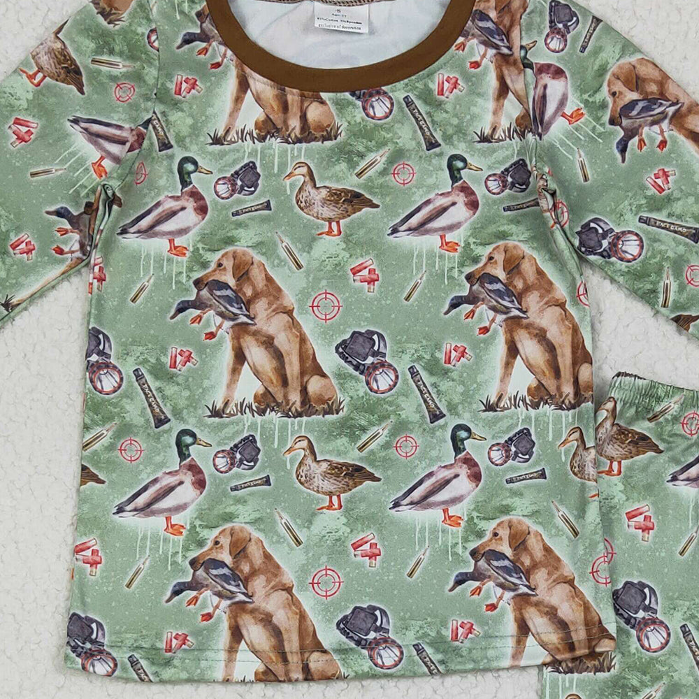 RTS NO MOQ （In stock） BLP1070Baby Boys Winter Outfits Baby Boys Green Long Sleeves Dogs Ducks Hunting Top Pant Pajamas Sets