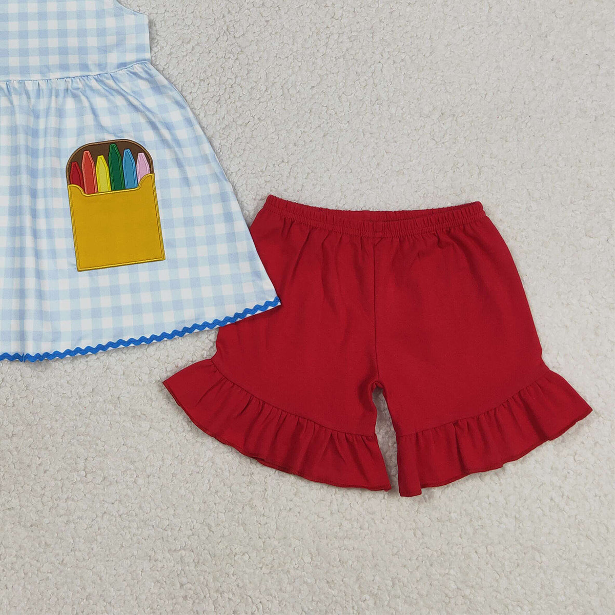 3.12 RTS NO MOQ （In stock）GSSO3101 Kids Clothing for Girls Baby Girls Embroidery Pencils Checked Tunic Ruffle Shorts Back to School Sets