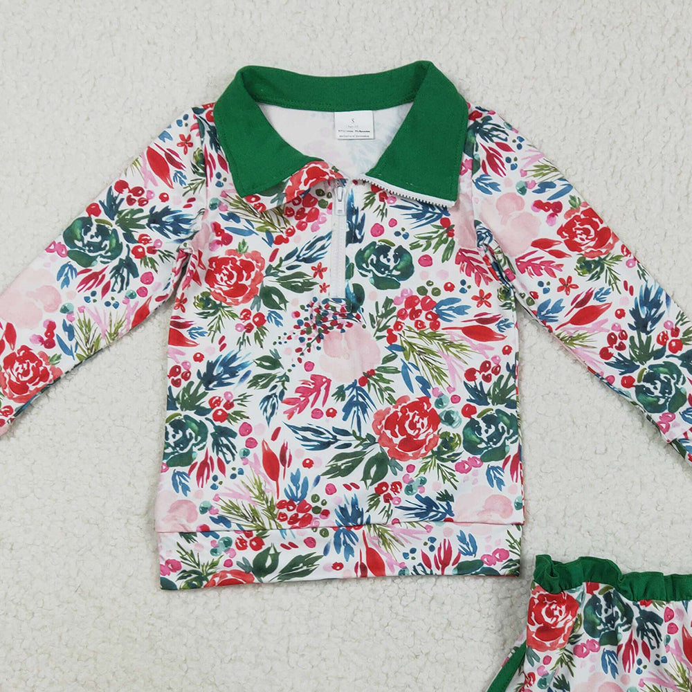 RTS NO MOQ （In stock）GLD1075 Baby Girls Outfits Baby Girls Long Sleeves Green Red Floral Zip Pullovers Top Skorts Clothes Set