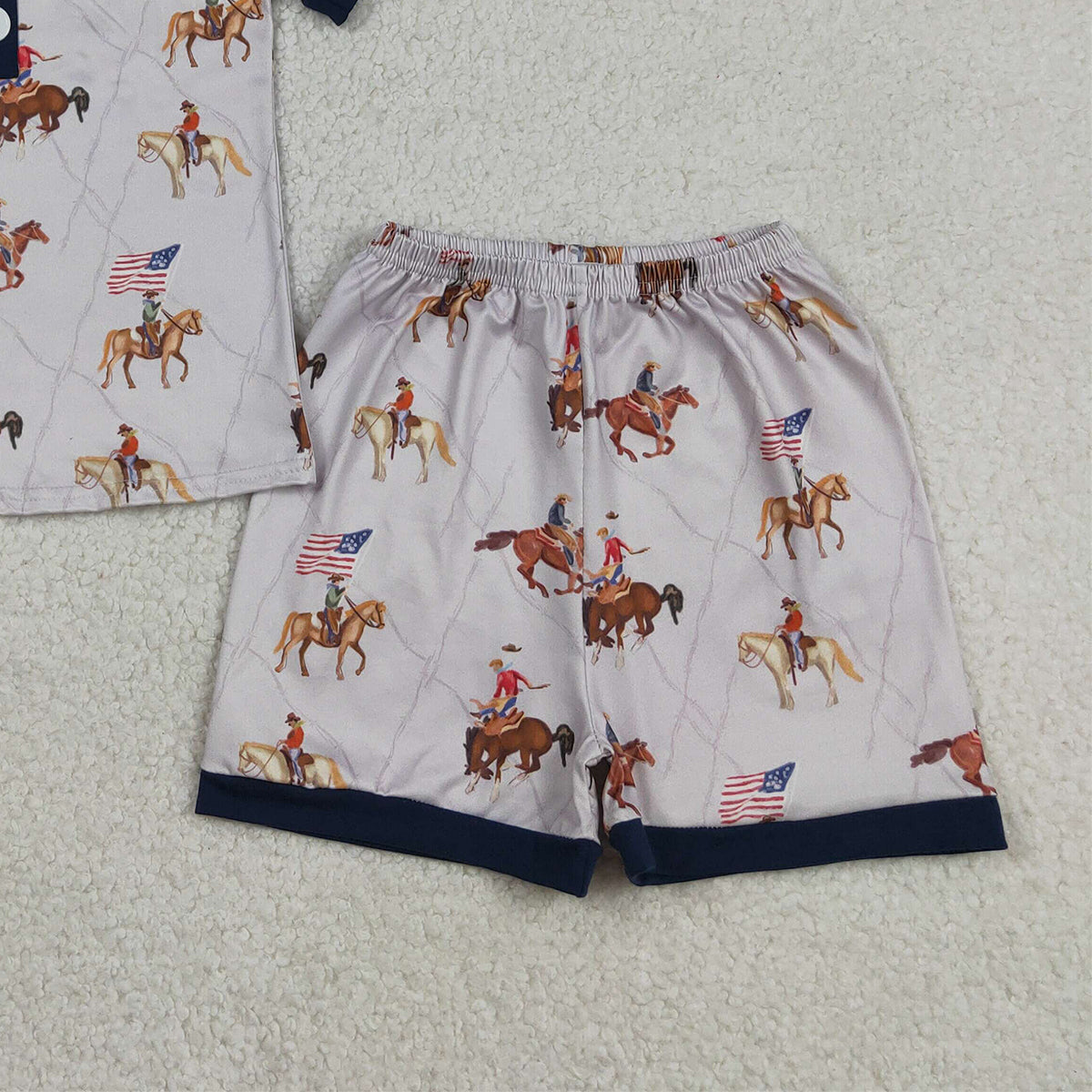 3.17 RTS NO MOQ （In stock）BSSO1497 Fashion Clothing For Baby Boys Colorful Horse Rodeos Flags Button Top Short 4th Of July Pajamas Set