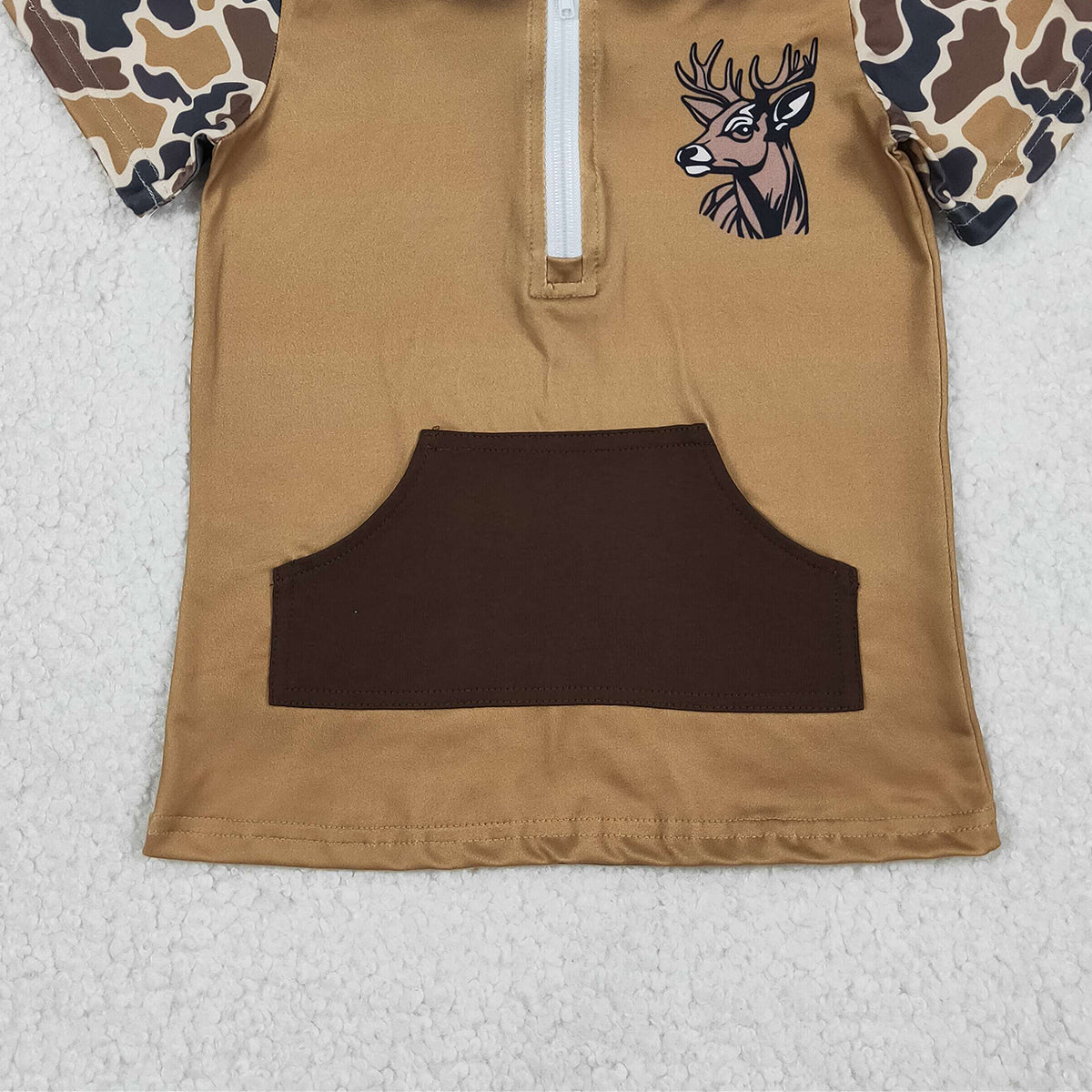 12.19 RTS NO MOQ （In stock）BT1531 Baby Boys Brown Camo Deer Zipper Pockets Hunting Pullovers Top