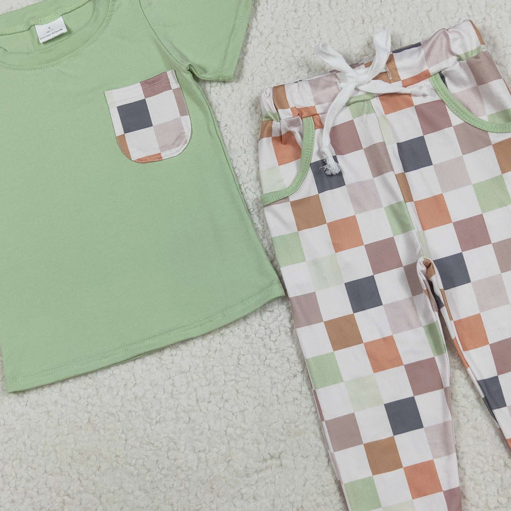 RTS NO MOQ （In stock）BSPO0576 Baby Boys Autumn Outfits Kids Boys Green Short Sleeve Top Checked Pants Set