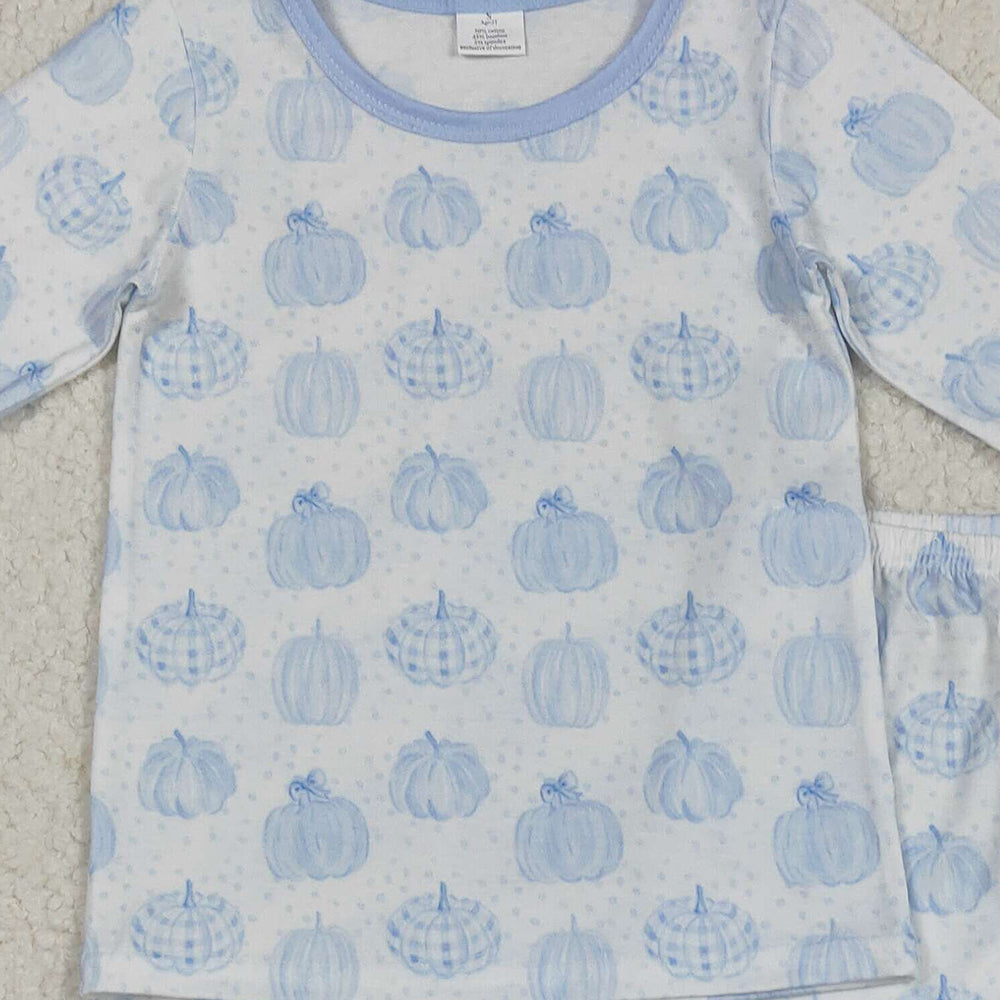 RTS NO MOQ （In stock） BLP0469Baby Boys Winter Outfits Blue pumpkin long sleeves kids boys fall pajamas
