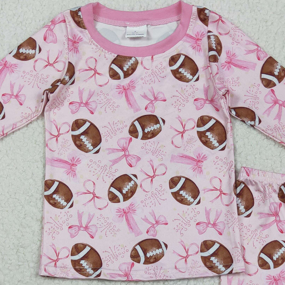 RTS NO MOQ （In stock）GLP1700 Baby Girls Winter Outfits Baby Girls Pink Football Bows Shirt Pants Pajamas Clothes Sets