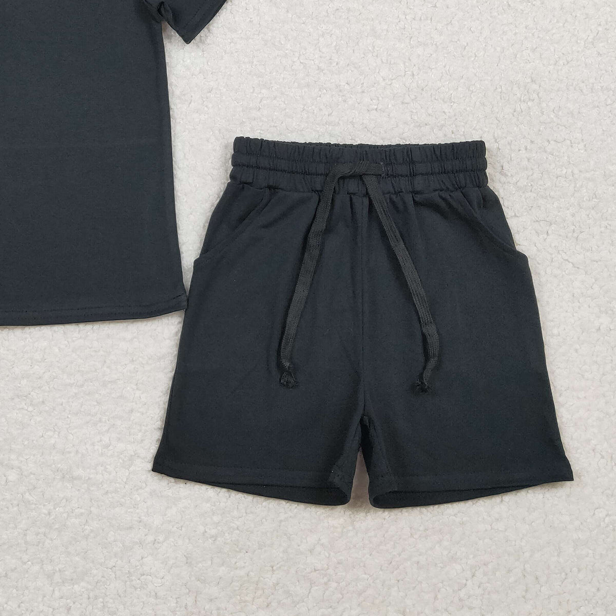 3.3 RTS NO MOQ （In stock）BSSO1889 Children's Fashion Set Baby Boys Short Sleeve Black Shirts Top Pockets Shorts Clothes Sets