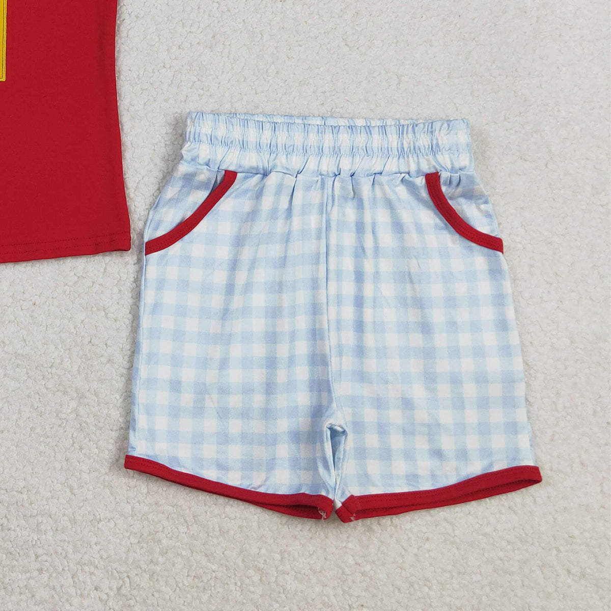 3.10 RTS NO MOQ （In stock）BSSO1819 Children's Fashion Set Baby Boys Back to School Embroidery Pencils Checked Pockets Short Clothes Sets