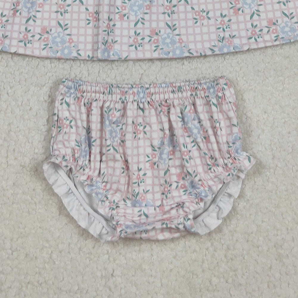 RTS NO MOQ （In stock）GBO0466 Baby Girls Summer Outfits Long Sleeve Bummies Set Pink Plaid Floral Doll Collar Outfit for Kids