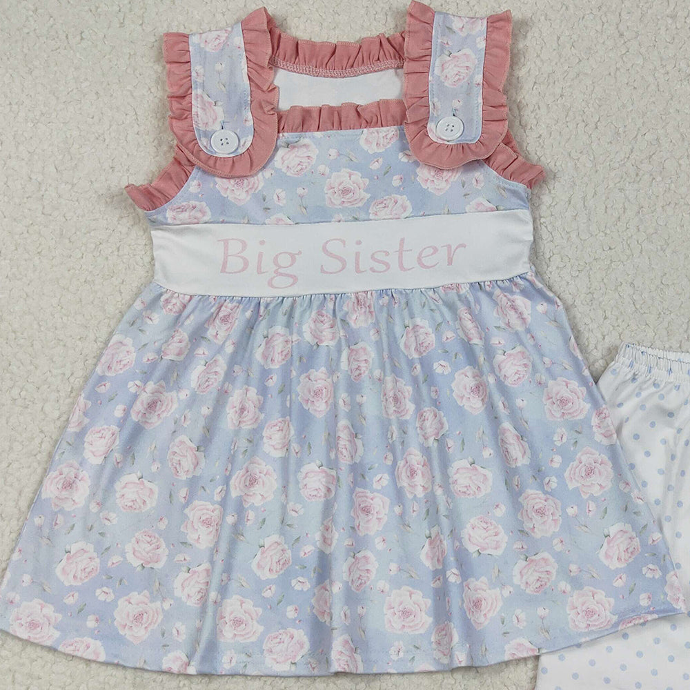 7.10  GSSO2350 RTS NO MOQ Baby Girls Summer Outfits Baby Girls Sleeveless Pink Floral Big Sister Tunic Polka Dots Short Set