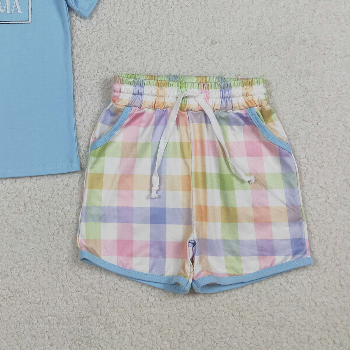 3.18 RTS NO MOQ （In stock）BSSO1605 Fashion Clothing For Baby Boys Embroidery I Love Mama Top Checked Pockets Short Clothes Sets