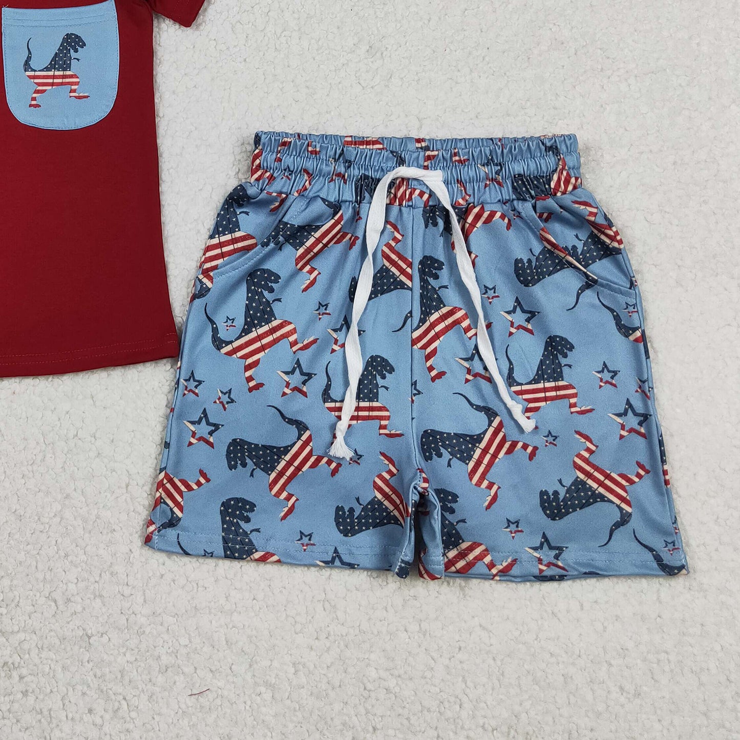 BSSO0519 RTS NO MOQ （In stock ）Red pocket top dinosaur shorts boys 4th of july clothes
