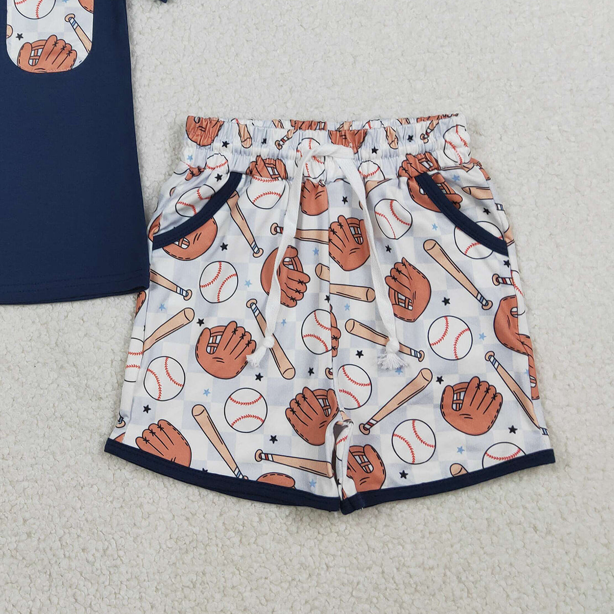 1.16 RTS NO MOQ （In stock）BSSO1669 Baby Boys Navy Shirts Top Baseballs Pockets Shorts Team Clothes Sets
