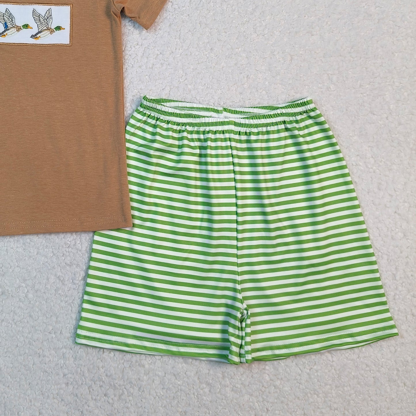 BSSO1947 RTS NO MOQ （In stock ）Brown duck embroidery top stripe shorts kids boys outfits