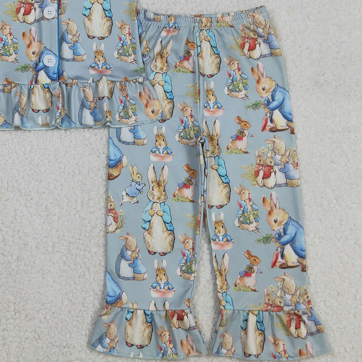 12.3 RTS NO MOQ （In stock）GSPO2097 Baby Girls Carrots Rabbits Button Top Ruffle Pants Easter Pajamas Sets