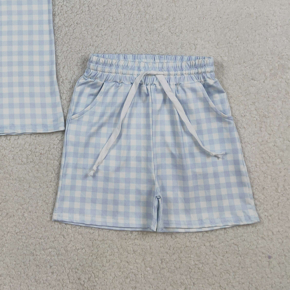 3.26 RTS NO MOQ （In stock）BSSO1896 Fashion Clothing For Baby Boys Short Sleeve Light Blue Checked Top Pockets Shorts Clothes Sets
