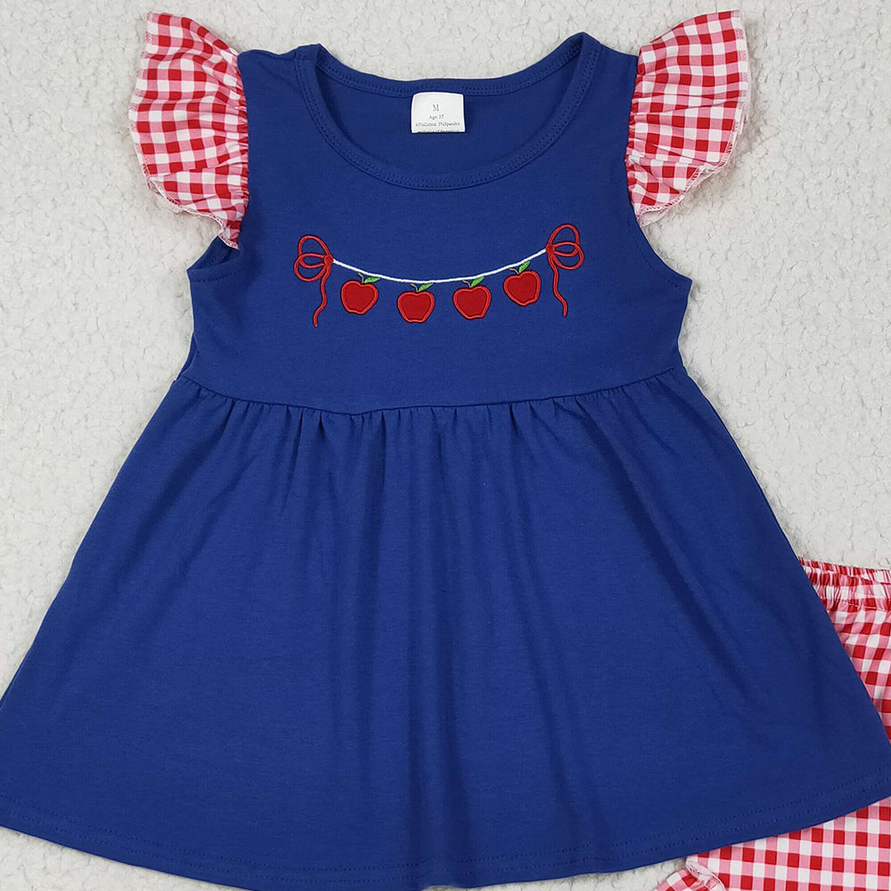 GSSO2314 RTS NO MOQ Baby Girls Summer Outfits Embroidery Baby Girls Red Plaid Flutter Sleeves Apples Tunic Ruffle Short Set