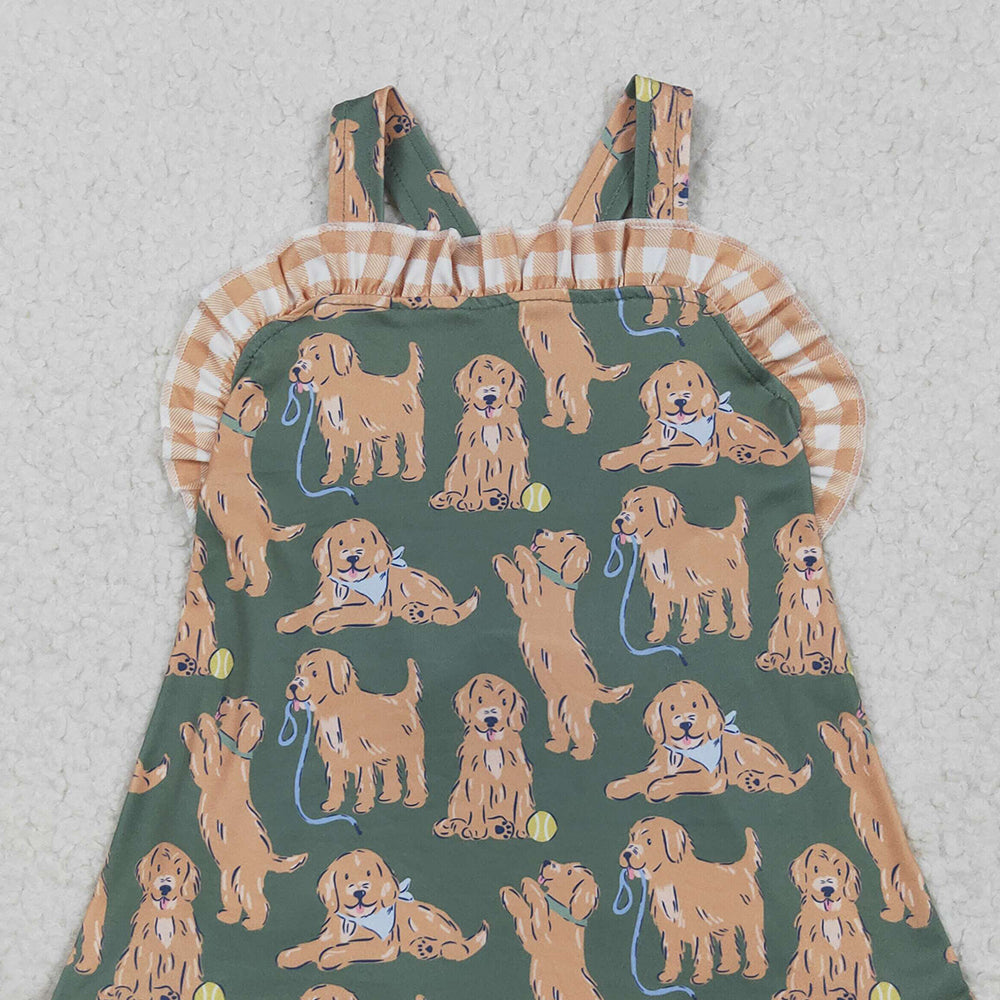 4.26 SR2986RTS NO MOQ Baby Girls Summer Rompers  Straps khaki plaid ruffle dogs baby girls summer romper