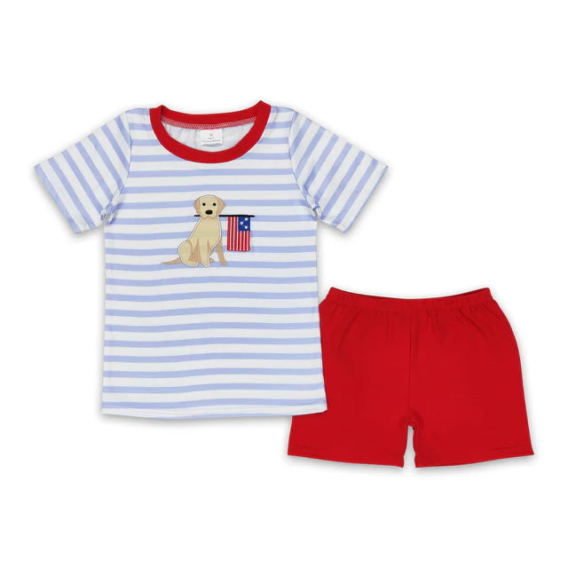 RTS Sibling Dog flag stripe shirt red shorts boys 4th of july clothes
