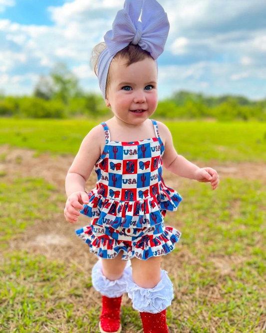 GSSO1929Baby Girls Plaid Outfits with Cactus Bow Straps USA 4th of July Theme for Infants