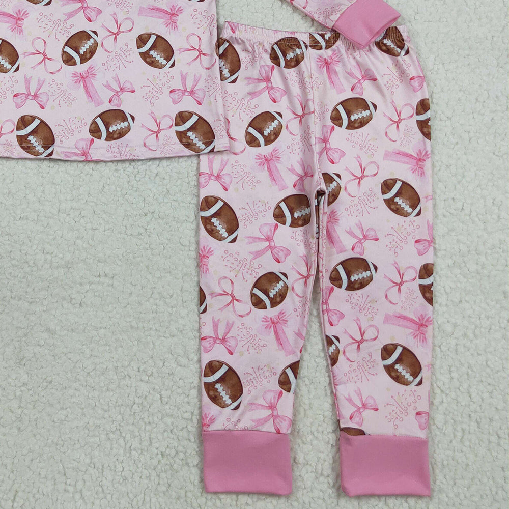 RTS NO MOQ （In stock）GLP1700 Baby Girls Winter Outfits Baby Girls Pink Football Bows Shirt Pants Pajamas Clothes Sets