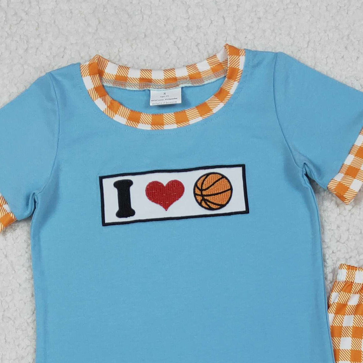 12.12 RTS NO MOQ （In stock）BSPO0619 Embroidery I Love Basketball Baby Boys Top Checked Pants Team Clothes Sets