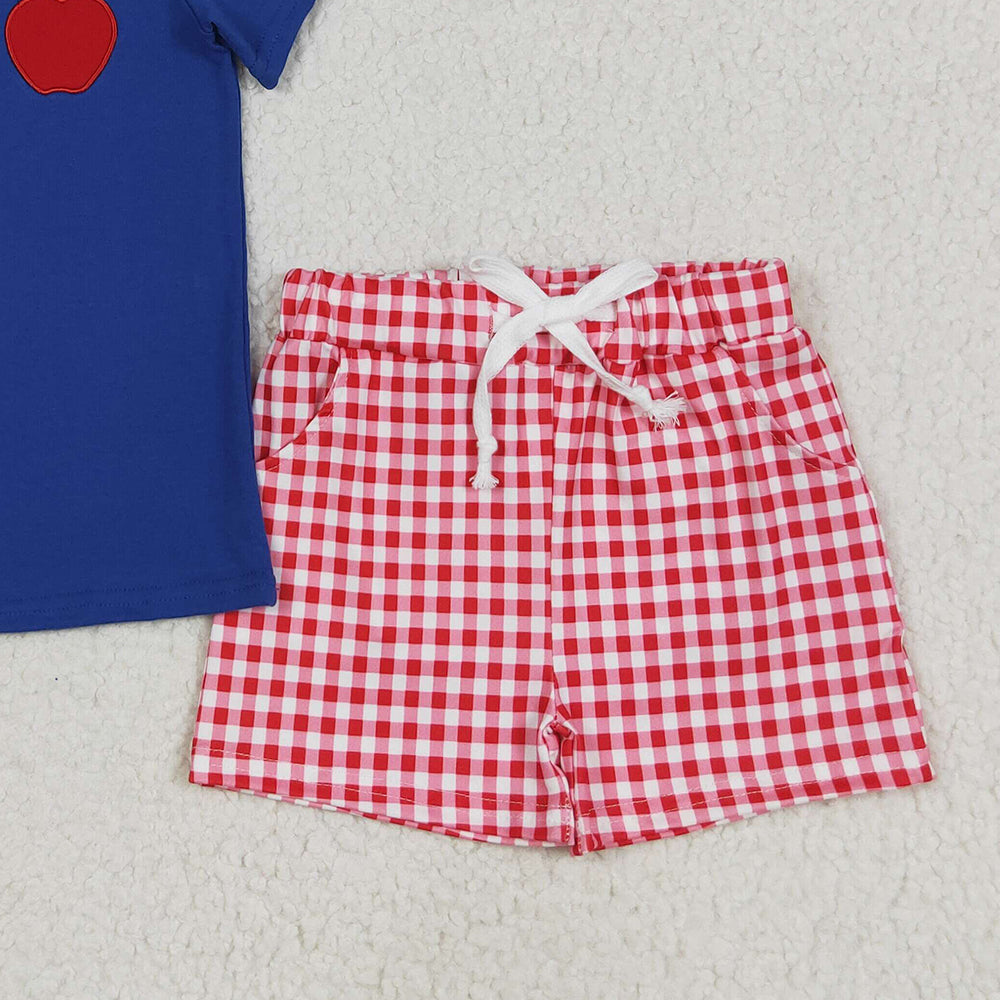 BSSO1397 RTS NO MOQ Baby Boys Summer Boys Outfits Embroidery Baby Boys Hot Navy Short Sleeves Button Down Apple Top Red Plaid Pockets Short Set