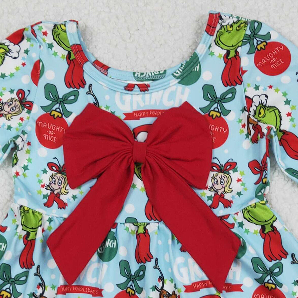 RTS NO MOQ （In stock）GLD1269 Baby Girls Winter Dress Christmas Green Face Bows Holly Big Bow Knee Length Dresses