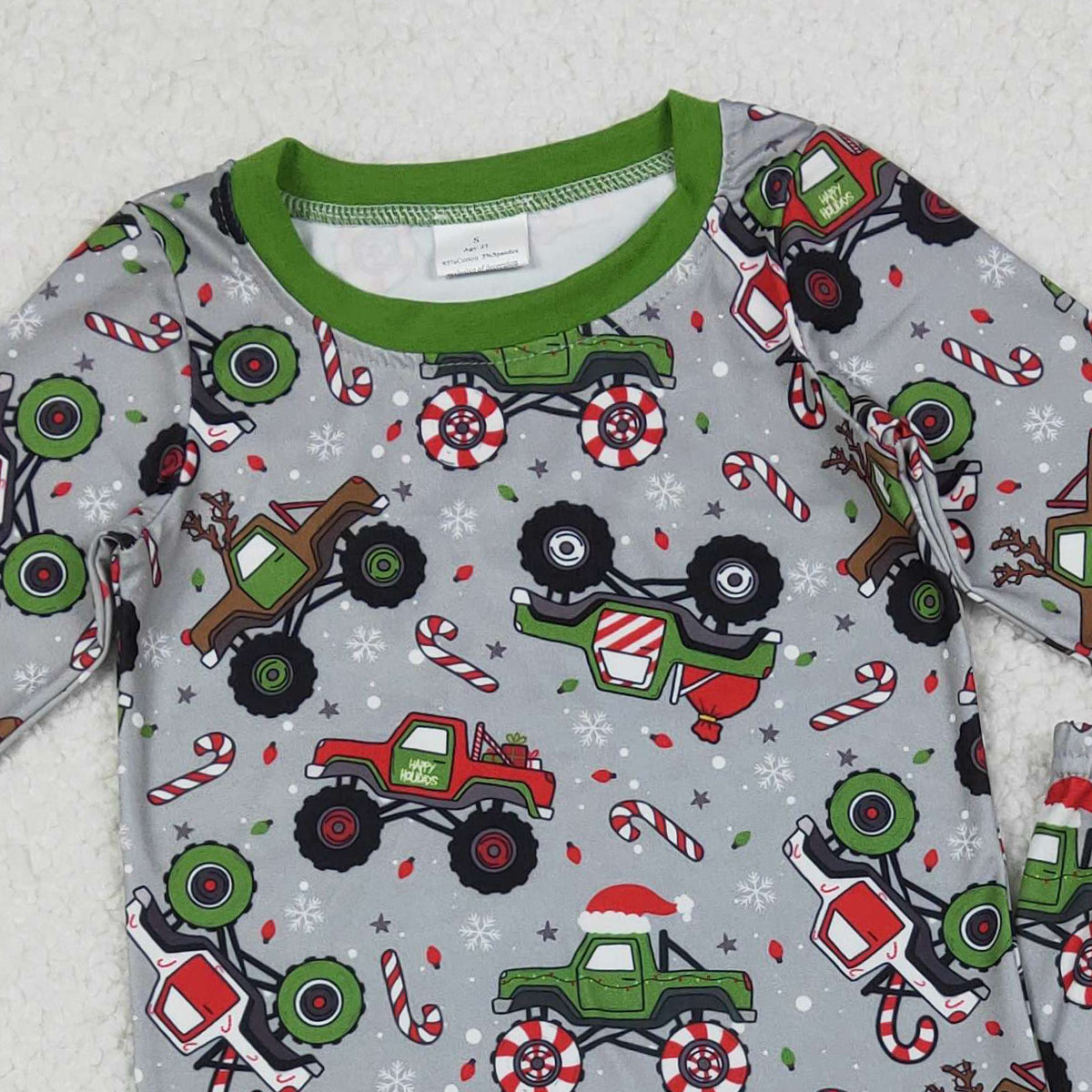 11.1 RTS NO MOQ （In stock）BLP1286 Baby Boys Winter Outfits Baby Boys Trucks Candy Cane Top Pants Christmas Pajamas Sets